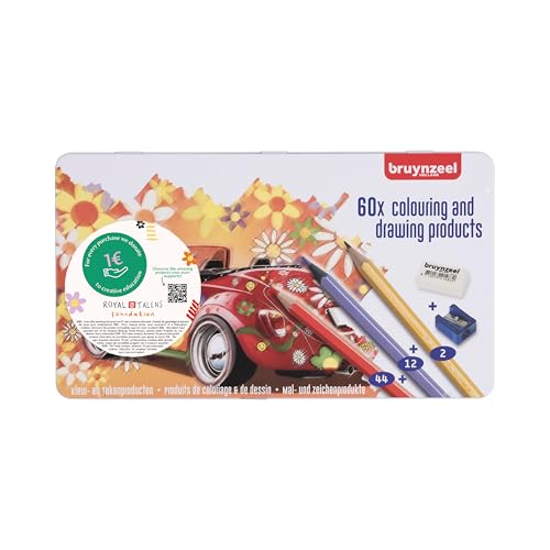 Bruynzeel Painting Set 60 Pieces | 44 Colouring Pencils, 12 Metallic Pencils, 2 Graphite Pencils, Sharpener + Eraser