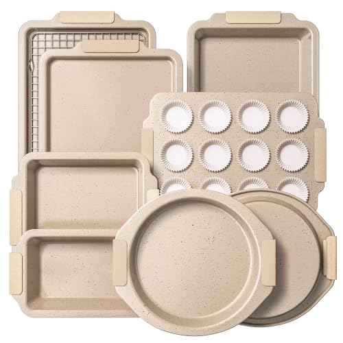 BRONYPRO 21-piece oatmeal speckle ceramic nonstick baking set — proving how many pans compress into a light kit
