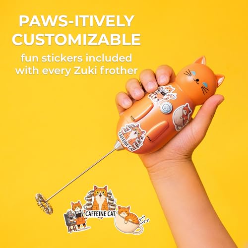Image of Zulay Kitchen Cat Milk Frother Wand - Cutesy Frother, Meet Your New Frothing Buddy Tiger The Cat, Adoption Papers and Stickers Included, Purrr-fect for Lattes, Cappuccino & Matcha - Orange