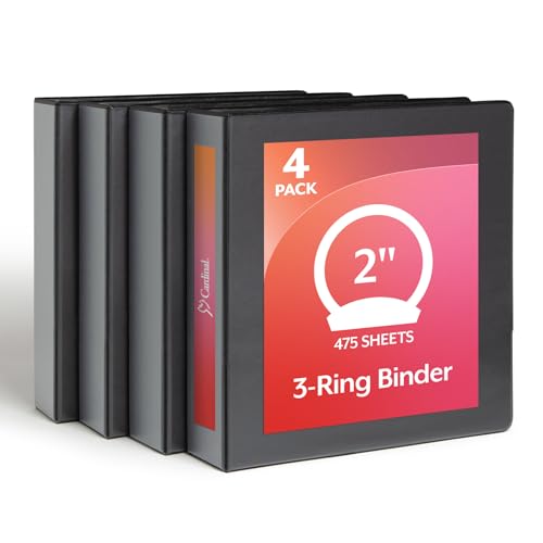 Cardinal Economy 3 Ring Binder, 2 Inch, Presentation View, Black, Holds 475 Sheets, Nonstick, PVC Free, 4 Pack of Binders (79522) by Cardinal - Used condition - US$14.58