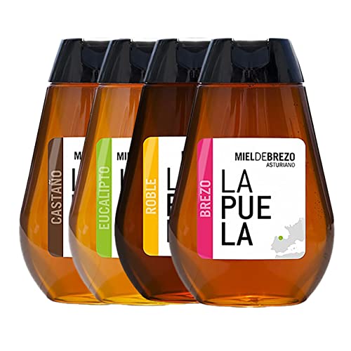 LAPUELA Pack miel Roble, Castaño, Brezo y Eucalipto. Miel tradicional de origen natural desde Asturias - Aroma floral, intenso y persistente (350gr) Cover