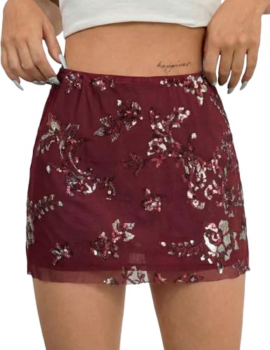 DERAX Womens Sequin Sparkly Mini Skirt Mesh Floral Glitter High Waist Vacation Clubbing Short Skirts Red M