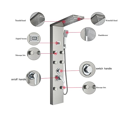 Sistema de columna de ducha con panel de acero inoxidable para lluvia y cascada con masaje miniatura 5
