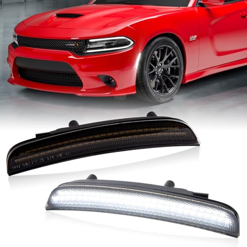 Gempro White LED Side Marker Lights Compatible with Dodge Charger LD 2015-2023 Bumper Marker Lamps 2PCS Smoked Len (Front Bumper)