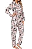 LUBOT 100% Cotton Pajamas for Women 2PC PJ Set Poplin Pajama Set Woven Long Sleeve Button-Down Two Piece Printed Sleepwear Loungewear Set (Roses, L)
