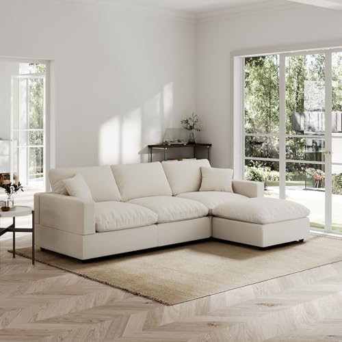 Gtilzria Modern Sectional Linen Couch for Living Room L-Shape Sofas,4 Seat Modular Cloud Sofas,Detachable Couch Cushion Covers,Cozy Feather Down Sofa for Apartment Khaki