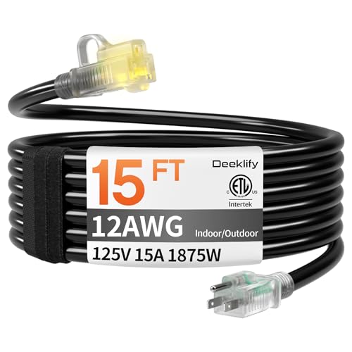 12AWG 15 FT Heavy Duty Outdoor Extension Cord Waterproof with Lighted End Black 12 Gauge Extension Cord Flexible and Cold Resistant 3 Prong Grounded Plug 15Amp 1875W SJTW ETL Listed