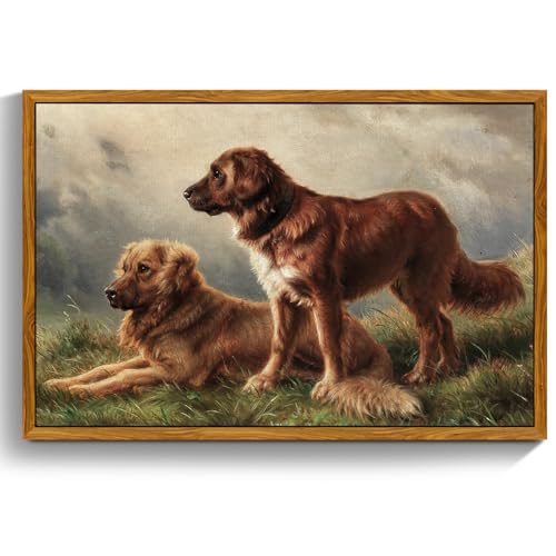 crmotu Framed Wall Art Prints, Still Life Dogs Vintage Decor Paintings, Meadow Golden Retriever Animal Canvas Pictures, Retro Rustic Home Decor Living Room Bedroom Kitchen Aesthetic Artwork 20x30in