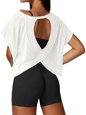 UNIANKIYA Open Back Workout Tops for Women Loose Fit Athletic Crop Tee Short Sleeve Gym Running Yoga...
