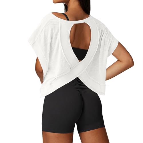 UNIANKIYA Open Back Workout Tops for Women Loose Fit Athletic Crop Tee Short Sleeve Gym Running Yoga Shirt White