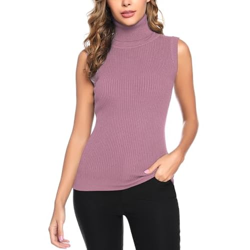Totatuit Women's Spring Sleeveless Turtlenecks Tops Mock Neck Ribbed Solid Pullover Tank Berry Medium