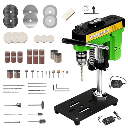 Pillar Drill Press Mini Bench Drill Press 7-Speed Adjustable Portable Bench Driller 52 PCS Accessories 100W AC/DC Power Precision Table Driller Bench Machine for DIY Woodworking Metal Jewelry Craft