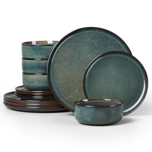 Homikit 12 Piece Dinner Set, Reactive Glaze Kitchen Dinnerware Sets for 4, Elegant Stoneware Included Plates and Bowls, Non-Scratch & Sturdy, Dishwasher & Microwave Safe, Blackish Green