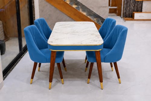 Image of WOODEN SPACE 4 Seater Wooden Dining Table Set | Urban Marble Top Dining Table with Chairs for Dining Room & Kitchen (Modern Frontline Blue) (54 x 36 x 30 inch)