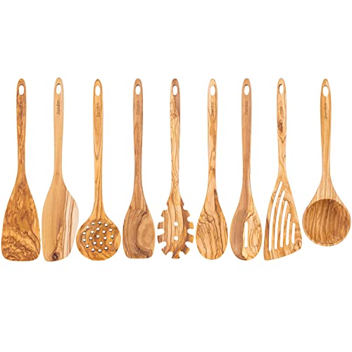 Olive Wood Utensils Set - 9 Pcs Natural Olive Wood Kitchen Cooking Tools With Flat Spatula, Curved Spatula, Slotted Spatula, Spaghetti Spoon, Salad Spoon, Solid Spoon, Slotted Spoon, Lalde, Skimmer #TOP25