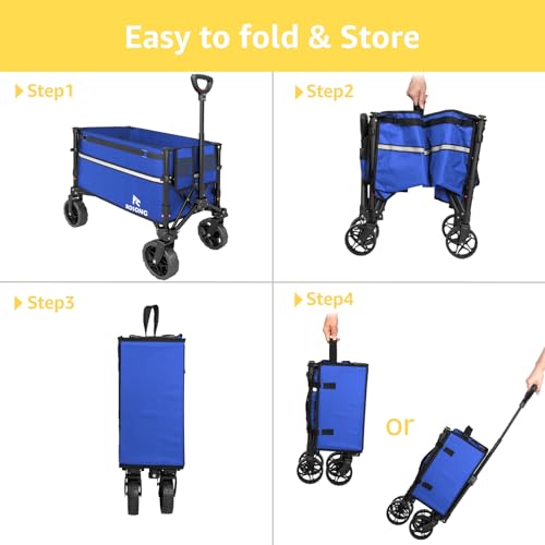 Image of ROSONG Collapsible Wagon Cart with Wheels Foldable - Folding Utility Heavy Duty Wagons Carts for Grocery Sports Garden Shopping Camping Wheelbarrows (Blue, 120L)