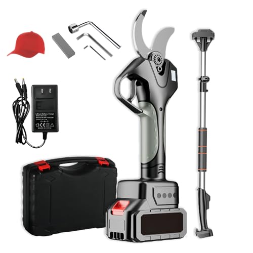 Glowdora Tijeras De Podar Eléctricas A Batería 50mm,Tijera Podar Inalámbricas Portátiles Podadora Eléctrico De Ramas con Pértiga De Extensión De 1.3-2.15m De Altura,Pantalla LCD 1battery