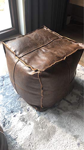 Riseon Unstuffed Boho Handmade Faux Leather Moroccan Pouf Footstool Ottoman Leather Poufs 17.7" X17.7" -Square Floor Cushion Footstool For Living Room, Bedroom And Under Desk (Tan) #TOP4