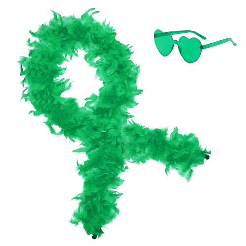 2Pcs Colorful Fancy Dress Feather Boa Set 6.6ft Feather Boa with Heart Rimless Sunglasses for Women Artificial Fluffy Boa Decorations wit for Dancing Wedding Party Cosplay Halloween (Green)