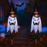Riakrum 2 Pcs Halloween Solar Pathway Lights Solar Halloween Ghost Witch Hat Stake Lights Decorations Outdoor Big Spooky Ghost Decor for Pathway Porch Yard Walkway Lawn Garden Indoor Outside Party