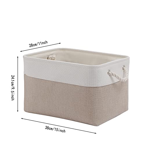 Storage Bins For Organizing (3 Pack), Large Fabric Storage Baskets For Shelves With Ropes, Foldable Storage Cubes For Home, Office,Closet, Clothes, Toys Organizer(White & Beige 15X11X9.5 Inch) #TOP4
