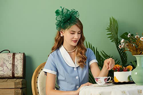 Fascinators Hat For Women Tea Party Headband Kentucky Derby Wedding Flower Cocktail Mesh Feathers Hair Clip(1-Green) #TOP3