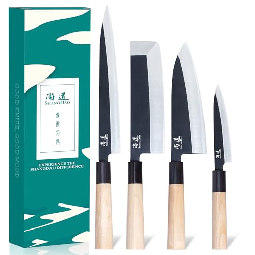 Shangdao Juego De 4 Cuchillos De Chef De Cocina Japoneses, Juego De Cuchillos De Sushi, Cuchillo De Cocina Nakiri-Yanagiba-Deba-Utility, Juego De Cuchillos Para Cortar Pescado, Acero Alemán Shangdao Juego De 4 Cuchillos De Chef De Cocina Japoneses, Juego De Cuchillos De Sushi, Cuchillo De Cocina Nakiri-Yanagiba-Deba-Utility, Juego De Cuchillos Para Cortar Pescado, Acero Alemán