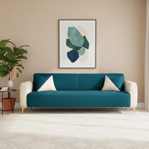 Image of Opera 3 Seater Fabric Sofa Set | Soft Velvet Upholstery, Sturdy Wooden Frame | Modern Sofa for Living Room, Hall & Office Spaces (Green Teal-Cream)