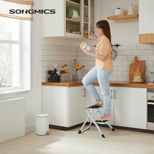 Miniatura 2 de Songmics Escalera De 2 Peldaños, Escalera Plegable, Profundo Del Peldaño De 20 Cm, Goma Antideslizante, Con Asa, Carga De 150 Kg, Acero, Blanco Y Negro Gsl02wt