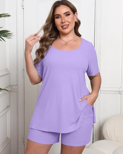 Image of Womens Plus Size Pajama Sets 2 Piece Summer Outfits Short Sleeve Tops Shorts with Pockets for Lounge Sleepwear
