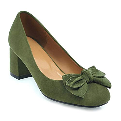 MIOKE Women's Chunky Mid Heel Pumps Suede Square Toe Bowtie Slip-On Comfort Casual Work Office Dress Shoes