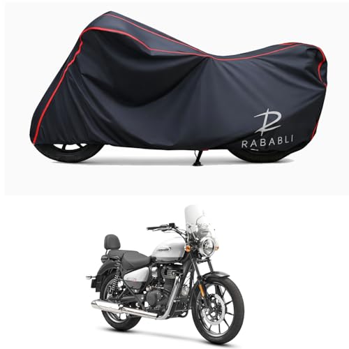 Image of Waterproof Bike Body Cover Compatible for | Royal Enfie Meteor 350 Super BS6 | Taffeta Fabric, Red Piping Design, Bottom Elastic Fit | Dustproof, Sun UV & Rain Protection for All Bikes