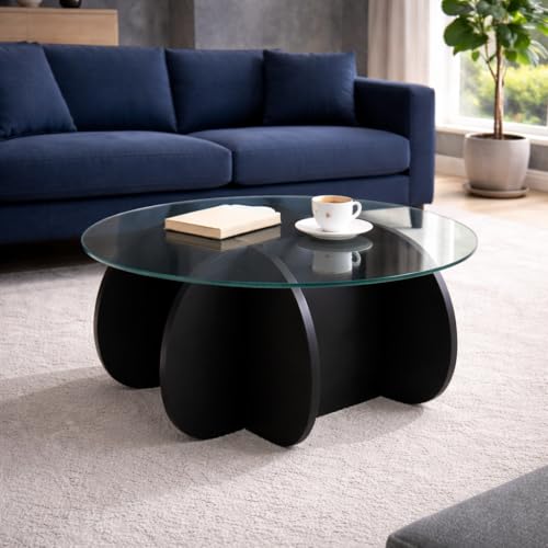Emirates Living Luxury Round Coffee Table – Modern Black Glass Top Centre Table with Designer Wooden Base for Living Room, Lounge & Home Décor