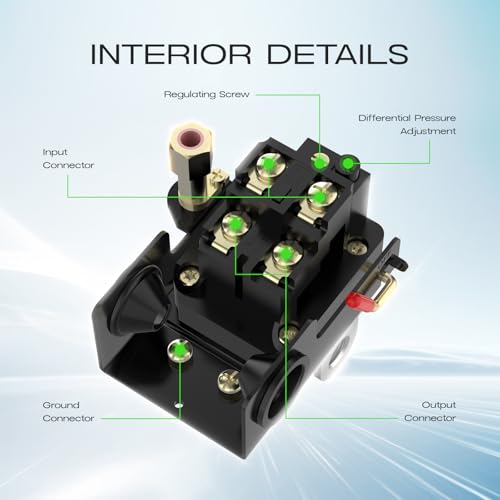 Air Compressor Pressure Switch Control Valve, cnaodun 90-120 PSI Air Compressor Switch Equips Four-port Pressure Regulator Gauge 1/4 NPT Thread