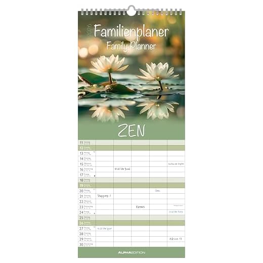 Alpha Edition - Zen 2026 – Calendario familiar 19,5 x 45 cm – 5 columnas para citas – Planificador de pared con días festivos (DE/AT/CH) – 4 idiomas – Con fotografías de la naturaleza – Mucho espacio