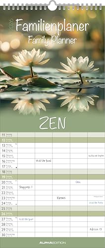 Alpha Edition - Zen 2026 – Familienkalender 19,5x45 cm – 5 Spalten für Termine – Wandplaner mit Feiertagen (DE/AT/CH) – 4-sprachig – Mit Naturfotografien – Viel Platz für Eintragungen