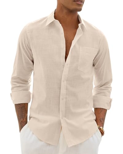Alimens & Gentle Mens Cotton Linen Textured Shirt Long Sleeve Button Down Shirts Casual Summer Beach Wedding Tops with Pocket Tan X-Large