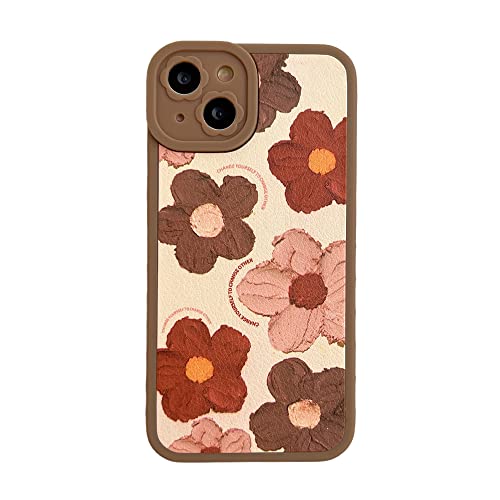 Cute Flower Side Frame Design Compatible with iPhone 13 Phone Case Fashion Leather Silicone Protective Cases Shockproof Cover for Apple iPhone 13 - Brown