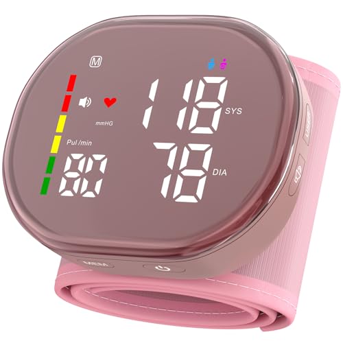 Guaever Wrist Blood Pressure Monitor Rechargeable BP Machine with 5.3~7.7 Cuff 2120 Memory One-Button Switch Memory and User Professional Automatic Wrist BP Cuff BP Monitor for Family (Pink)