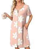 Ekouaer Womens' Zipper Robe Short Sleeve Bathrobes Summer Sleepwear Soft Housecoat with Pockets Zip Up House Robes Floral Pink XXL