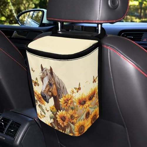 Image of Talayituse Horse Sunflower Butterfly Print Car Trash Can with Lid, Leak Proof Auto Trash Bag Hanging Vehicle Garbage Can Multipurpose Storage Container for Back Seat Road Trip