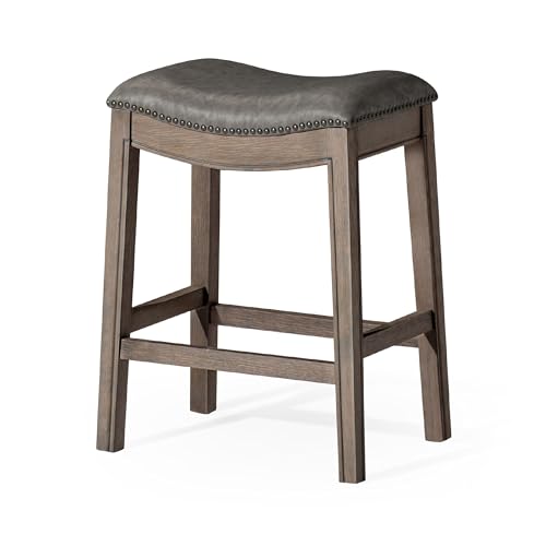 Image of Maven Lane Adrien Backless Counter Stool - 26 Inches - Saddle Stool with Footrest - Grey Solid Wood Frame & Grey Faux Leather Upholstery - Perfect for Kitchen Islands & Counters