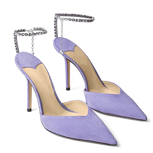 Image of LauraVicci Women's Heeled Sandals Crystal Chain Ankle Straps Rhinestones Buckle High Heels Stiletto Slip On Wedding Party Satin Dress Shoes