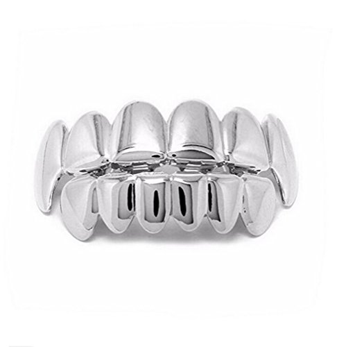 Cathery Gold Plated Teeth Grillz Set Hip Hop Bling Bling Teeth Music Party Masquerade Or Everyday Wear (Silver, Fangs)