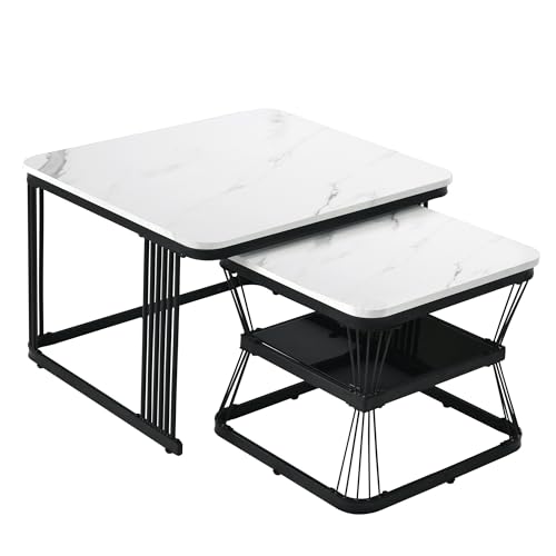 Lot 2 tables basses marbre noir/blanc 65cm Merax