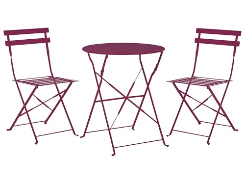 Beliani Salon de Jardin Bistrot Table et 2 Chaises en Acier Rouge Bordeaux Pliable Fiori