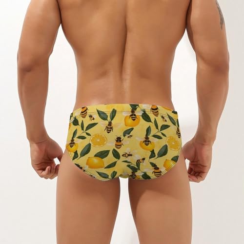 Yellow Lemon and Bee Printed Swim Briefs for Men Sexy Bikini Swimwear Elastic Beach Trunks Bathing Suit3