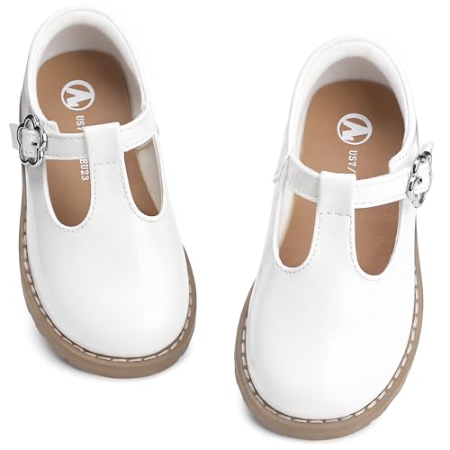 shoeslocker Todder Girls Mary Jane Flats with Adjustable Hook-and-Loop Girls Party School Uniform Loafer Shoes White Size 9