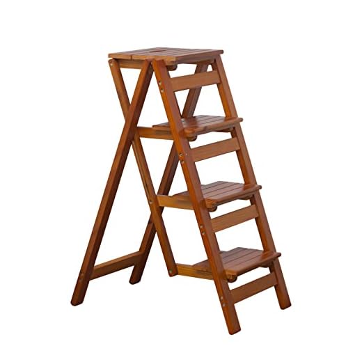KINGBO Step Stool for Adults/Step Ladder/Counter Chair, 4-Step Folding Portable Wooden Step Stool, Anti-Slip & Lightweight (Nut - Brown)