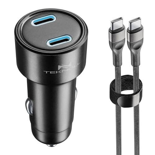 Teknoll - Cargador rápido de 65 W - 2 puertos: 1xUSB-C 20W PD + 1xUSB-C 45W PD - Cable USB-C 1m incluido - Led activo - Carga segura en el coche - Apto para todos los smartphones, tablets y portátiles